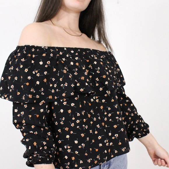 *Blue Blush Black Floral Ruffle Off The Shoulder Blouse, Small - Picture 1 of 5